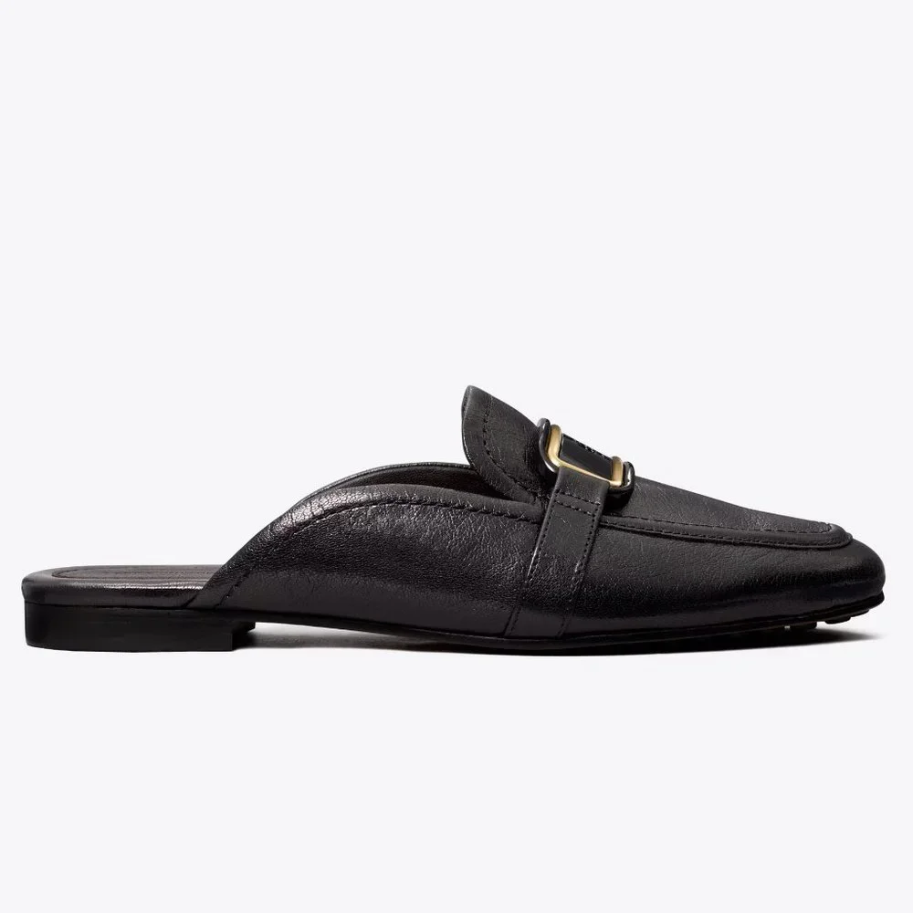 Tory Burch $298 Georgia Backless Loafer Flats Mules Black Gold Logo